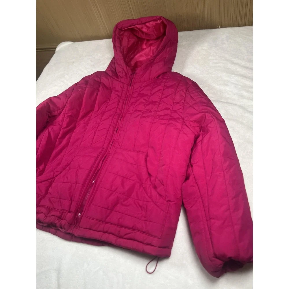 A New Day Puffer Jacket Womens Large Pink Hooded Quilted Short Insulated‎ Warm